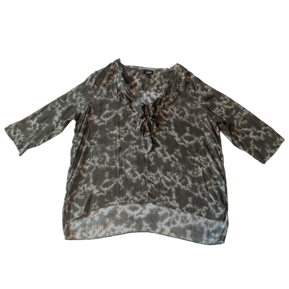 a.n.a. Green Tie Dye Ruffled 3/4 Sleeve Crinkle Gauze Like Hi-Low Top Women's XL
